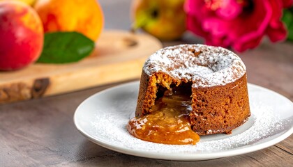 Delicious molten lava cake with powdered sugar and fruit.