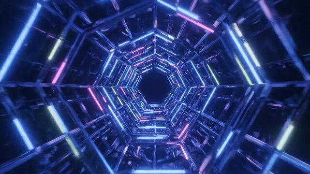 A neon-lit, hexagonal tunnel of glowing tubes receding into a dark, futuristic abyss. with mirrors!!