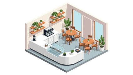 Obraz premium Cozy isometric cafe interior with plants and furniture