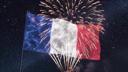 French Flag Waving with Spectacular Fireworks Display at Night Celebrating National Holiday.