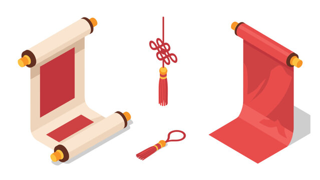 Isometric red scrolls and tassels with chinese knots on white background