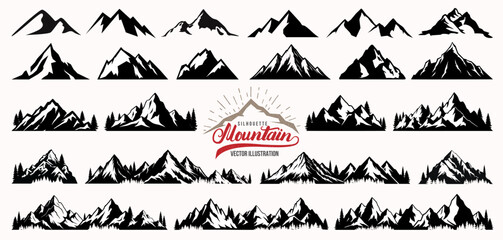 Mountain silhouette collection with pine or christmas tree. Forest camping or hiking symbol idea. Nature landscape line art with hill peak for summer travel business. Mountain logo, icon or background © Impixmart
