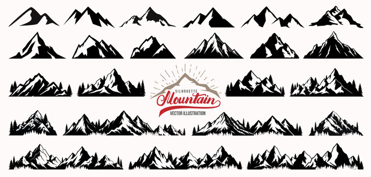 Mountain silhouette collection with pine or christmas tree. Forest camping or hiking symbol idea. Nature landscape line art with hill peak for summer travel business. Mountain logo, icon or background