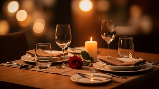 Romantic dinner setup with wine glasses and candlelight