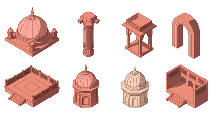 Isometric indian architecture elements set in terracotta tones