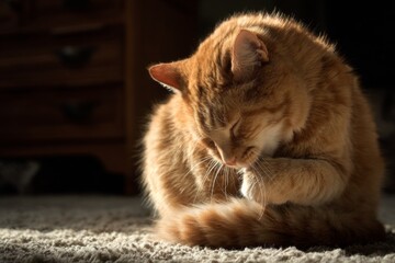 Orange cat grooming fur in warm sunlight indoors