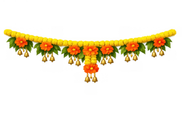Traditional indian toran garland decoration with marigold flowers, green leaves, and golden bells on a transparent background