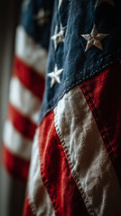 A close-up view of the American flag with stars and stripes prominently displayed