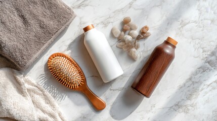 Natural bathroom spa set with wooden brush bottles towels and stones on marble surface