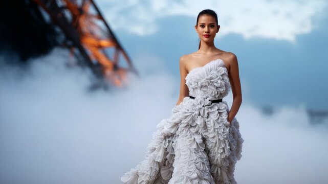 A stunning fashion display showcasing an elegant model in a textured white gown amidst a misty backdrop and iconic structural features highlighting beauty.