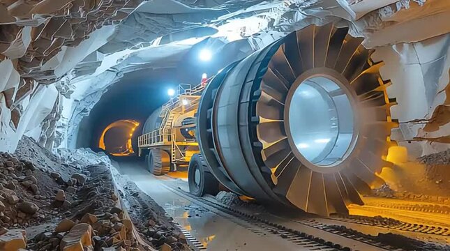 A massive tunnel boring machine with a bright cutting head advances deep underground, showcasing heavy construction and engineering feats.