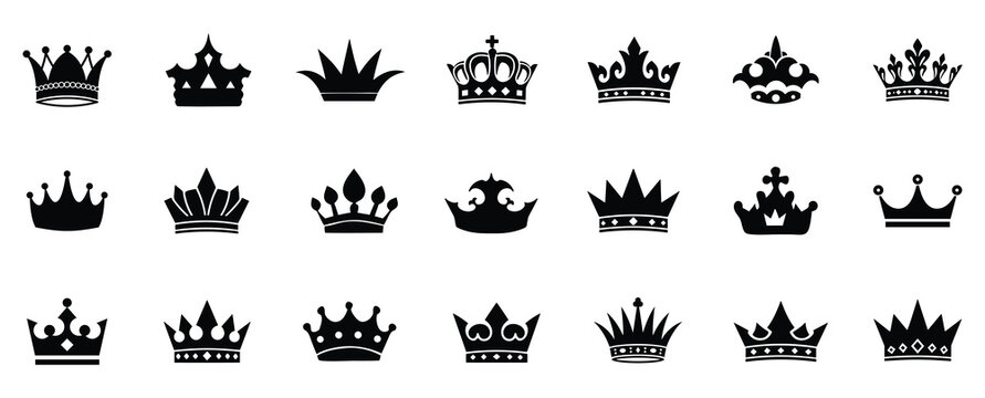 Set of three vector black silhouettes of crowns isolated on a white background.