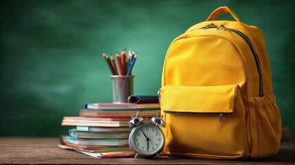 Yellow school backpack with books alarm clock and pencils on wooden desk and green background
