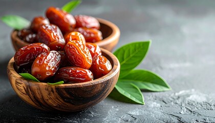Delicious and Nutritious Dates in Wooden Bowls with Green Leaves.