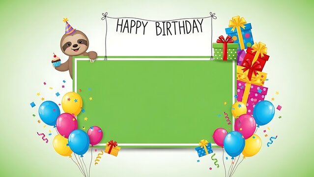 Cute Sloth Happy Birthday Frame with Balloons and Gifts. - Powered by Adobe