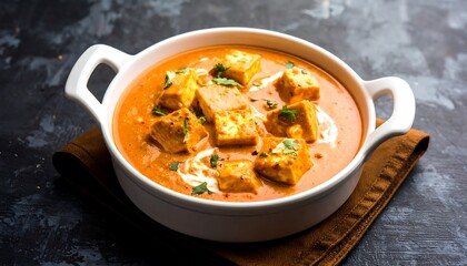 Delicious Paneer Butter Masala in a White Bowl.