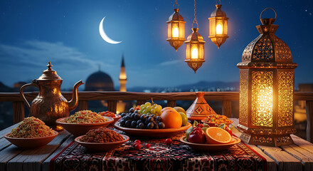 A nighttime dining setup with a teapot, dishes, fruits, and illuminated lanterns against a cityscape with a dome and minaret.