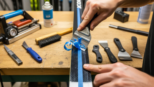 Ski base preparation scraping wax from a ski with ross country skiing specialized tools