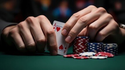 Male hands holding ace of hearts in poker game with colorful chips on green table