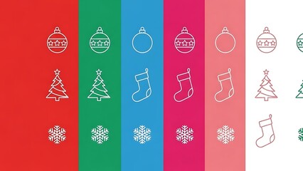Vibrant Christmas icons arranged in colorful vertical stripes