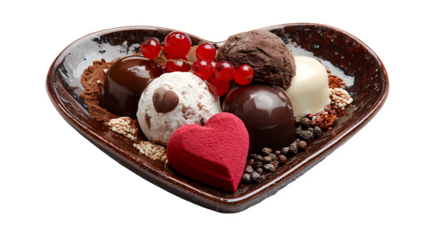 Assorted chocolate desserts in heart-shaped dish isolated on transparent background