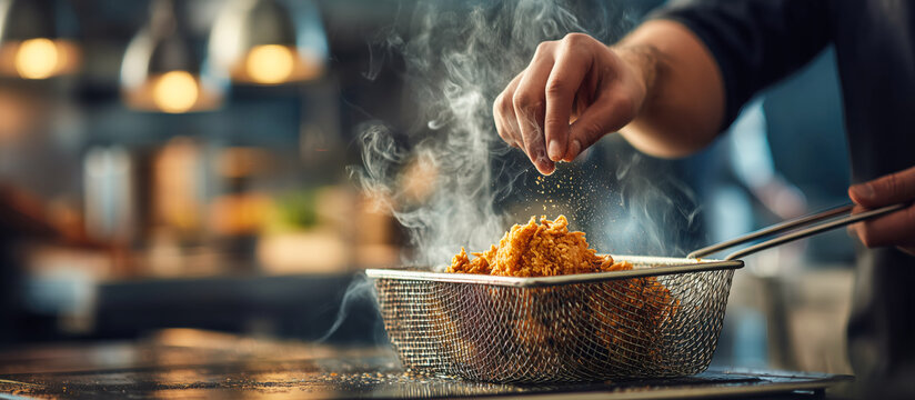 Professional chef hands seasoning crispy fried chicken in a wire basket with hot steam