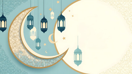 Elegant Islamic Celebration with Crescent Moon and Lanterns, for festival, banner, greeting card design.