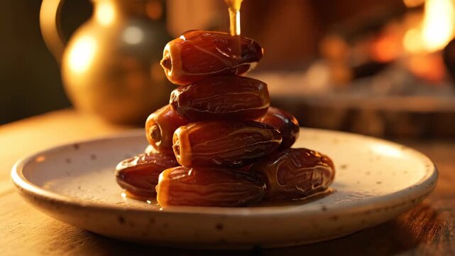 A warm, low-key close-up captures golden honey drizzling onto a pyramid stack of luxurious dried dates on a ceramic plate, set against a cozy, rustic background glow.