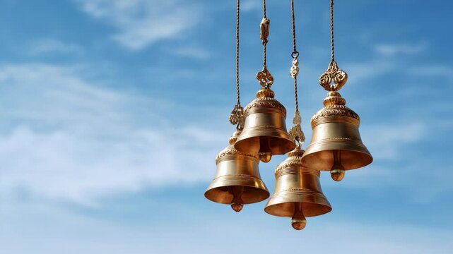 An Aesthetic Display of Ornately Crafted Bells Hanging Against a Serene Sky, Highlighting their Golden Finish and Intricate Design in a Captivating Composition