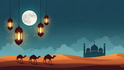 Ramadan Night Landscape with Lanterns and Moon, festival, banner, greeting card design.