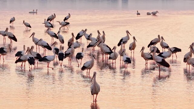 At sunset, a flock of cranes in the lake, migratory birds of Poyang Lake
