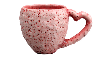 Textured pink ceramic mug with heart handle isolated on transparent background