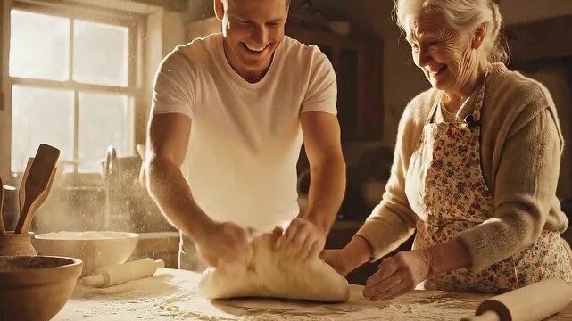 An elderly woman teaching a young man how to knead bread dough, flour dusting the air.
