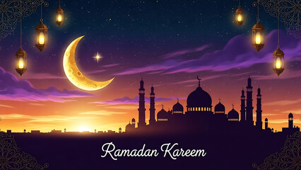 Crescent moon and star above a mosque silhouette at sunset with lanterns and decorative patterns, text Ramadan Kareem.