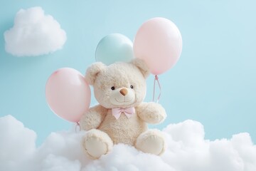 cute teddy bear with balloons on a cloud background