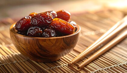 Delicious Dates in a Wooden Bowl with Chopsticks.