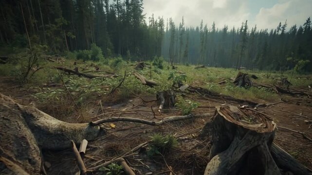 Burned Forest After Massive Deforestation and Logging
