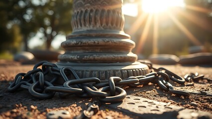 liberated. Broken iron chains at the base of a stone pedestal in bright sunlight, symbol of freedom. event programs, museum guides, designed for cultural heritage projects and event programs.
