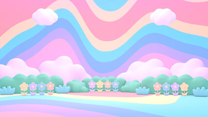 3D render cartoon abstract wavy rainbow flower garden.