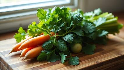 lovage. A bundle of lovage, carrots, and celery on a rustic cutting board. menu design, packaging mockups, designed for food delivery and cloud-kitchen brand materials, used by professors.
