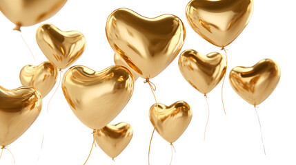 Golden heart-shaped balloons isolated on transparent background