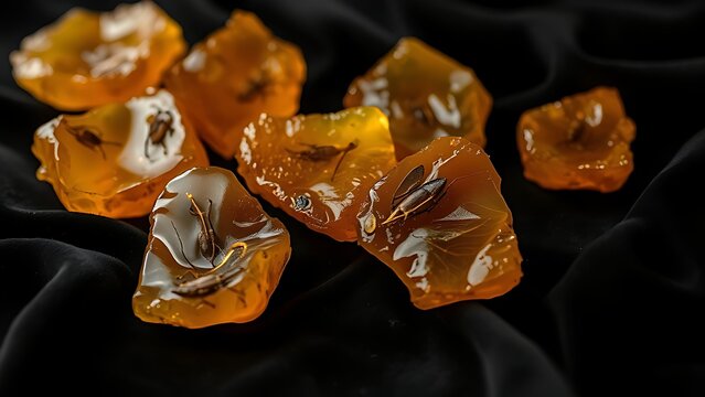copal. Several raw amber copal resin pieces on black velvet with ancient inclusions. gardening catalogs, home-decor guides, designed for home decor and floral branding, used by video editors.