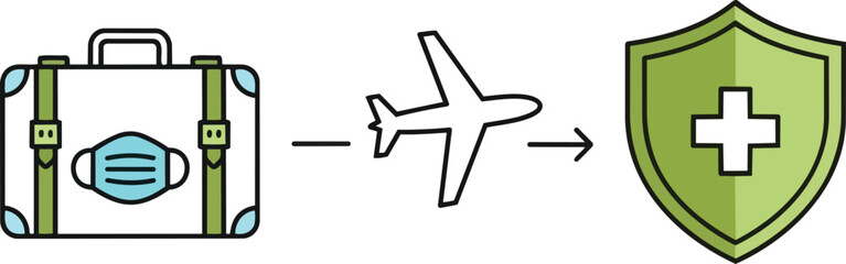 Obraz premium Travel safety with face mask and airplane to health shield icon.