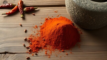 berbere. A small pile of brick-red spice powder on a rustic wooden surface with dried chilies. menu design, packaging mockups, designed for culinary blogs and recipe cards for restaurants.