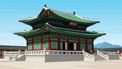 Obraz premium Traditional korean architecture in flat design with a mountainous backdrop