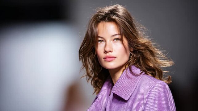 Model showcases vibrant purple fashion with glamorous style and effortless elegance on the runway during a high-profile beauty and design event.