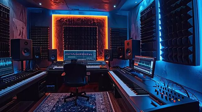 A state-of-the-art professional music recording studio features multiple keyboards, monitors displaying waveforms, and acoustic paneling with atmospheric lighting.