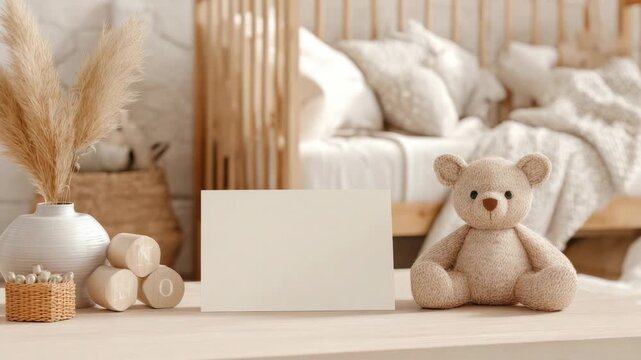 Cozy nursery room with teddy bear and blank card for baby announcement