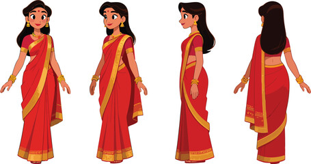 Indian Woman in Traditional Red Saree Character Turnaround Illustration
