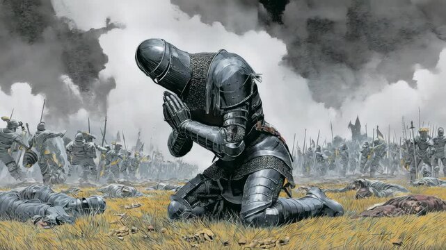 Medieval knight kneeling in battle amidst smoke and chaos